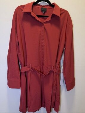 NWT LUMIERE  Belted & Pleated Long Sleeve Button Down Rust Shirt Dress Size L